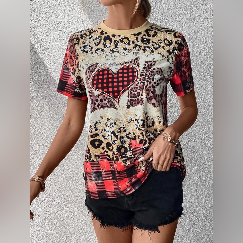 Leopard and Plaid Heart Short Sleeve Tee